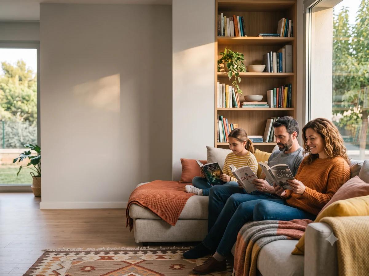 Familia leyendo libros juntos